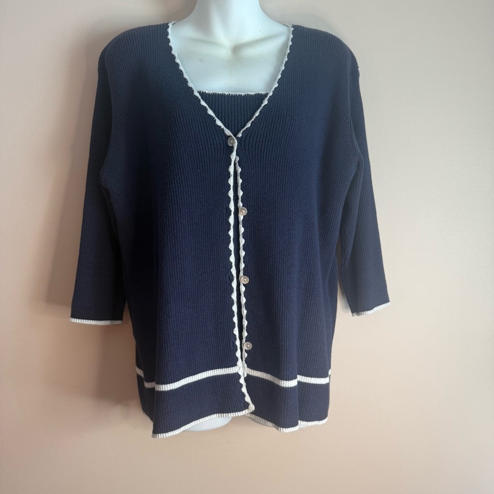 Denim&Co Navy Cardigan & blouse attached with White Accents